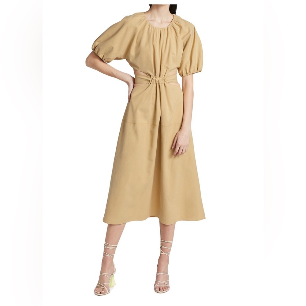 Moon River Puff-Sleeve Cut-Out Poplin Midi-Dress